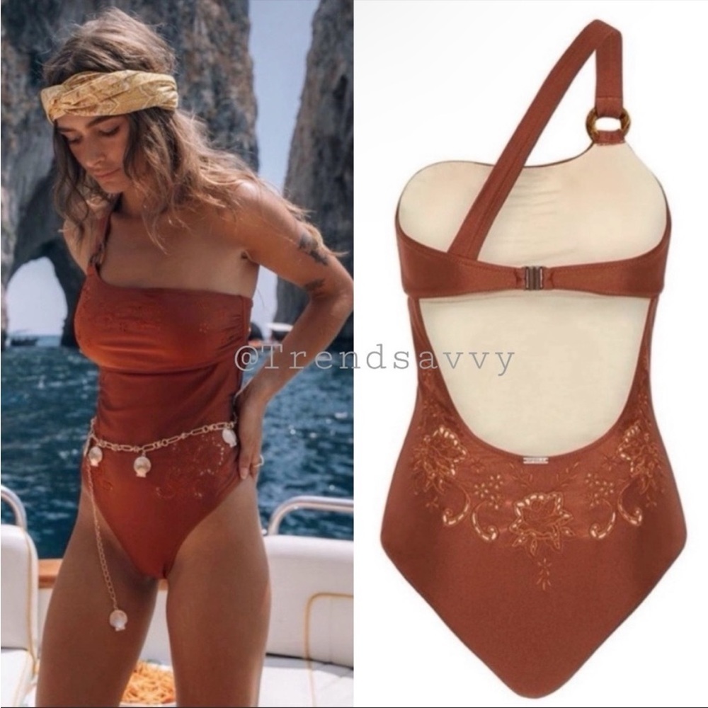 SPELL & THE GUPSY EMBROIDERED CUTOUTS ONE SHOULDER SWIMSUIT COPPER SIZE XS NWT - Picture 8 of 11